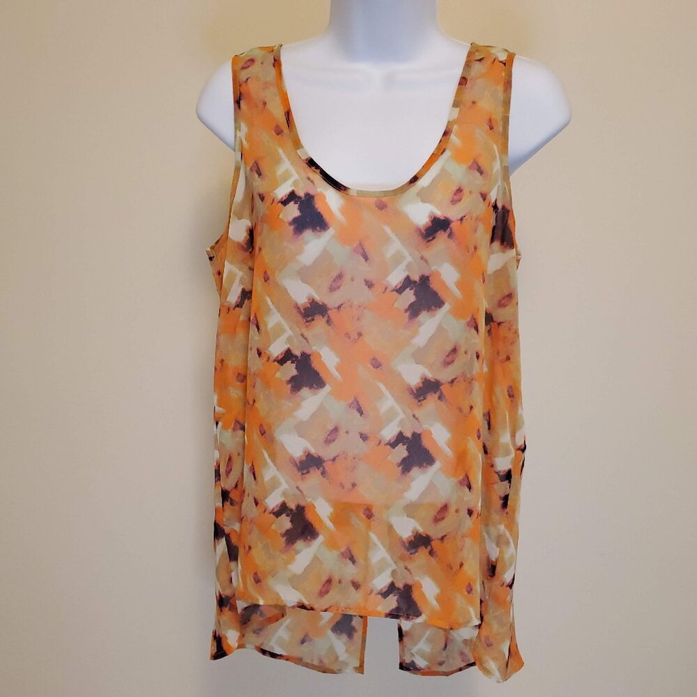 Paper Crane Open-Back Sheer Flowy Tank Top Blouse Orange Purple Pattern - (M)